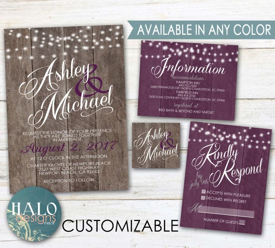 Hochzeit - Purple Rustic Wedding Invitations - Plum, Eggplant, Purple, Wood, Invitation Kit