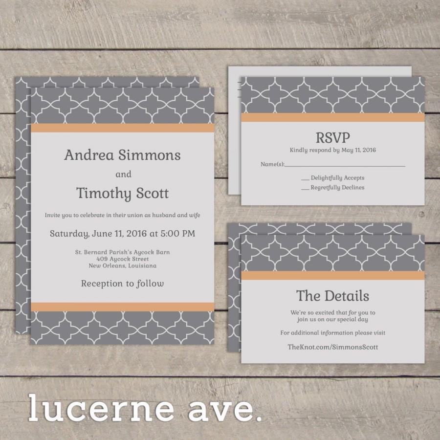 Wedding - Peach and Gray Printable Wedding Invitation Suite – The Regal Collection - Choice of Colors - Full Set with RSVP