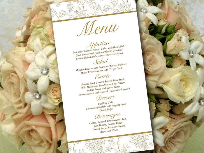 Hochzeit - Gold Wedding Menu Card Template -  Wedding Reception Menu - "Wild Flower Bouquet" Antique Gold Menu Printable Download - Formal Wedding Menu
