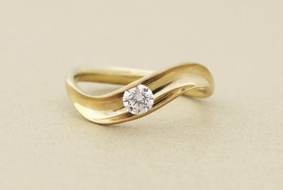 Hochzeit - Moissanite Engagement Ring, unique moissanite ring, minimalist modern engagement ring, solitaire ring, wave ring, 14k solid gold ring.