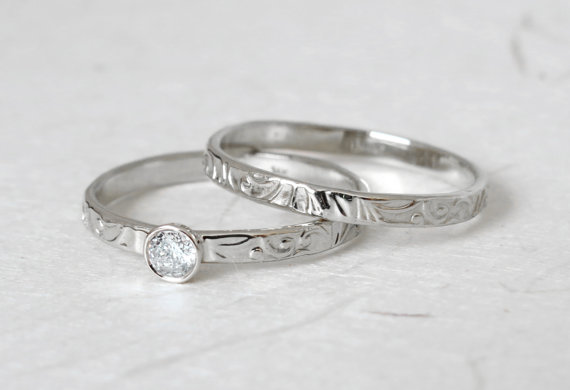 Wedding - Wedding Ring set - Bridal set, Matching ring set, Floral Diamond Engagement Ring, wedding band, small diamond ring, 14k solid gold ring set.