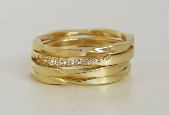 Wedding - Unique mobius ring set, diamond mobius ring set, unique wedding band, 14k solid gold mobius band, stackable, stacking gold ring, set of four