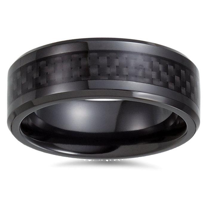Hochzeit - Black Titanium 8mm Beveled Band with Black Carbon Fiber Inlay