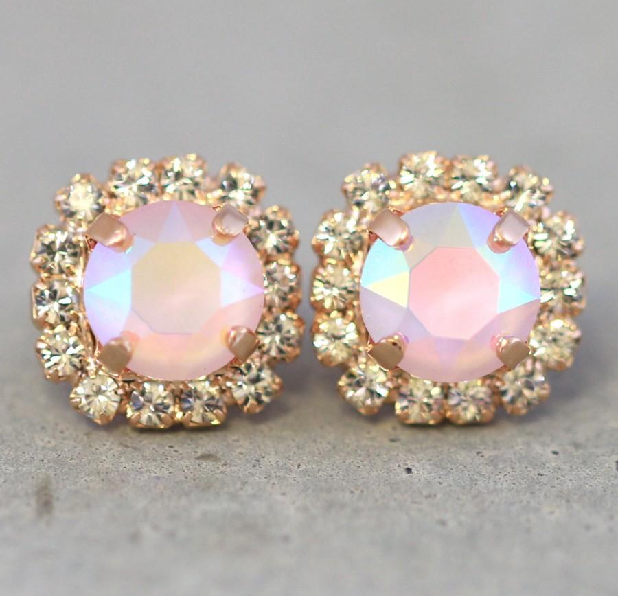Wedding - Pink Crystal Earrings,Pink Powder Swarovski Earrings,Rose Quartz Earrings,Bridesmaids Pink Earrings,Rose Quartz Studs,Pave Earrings