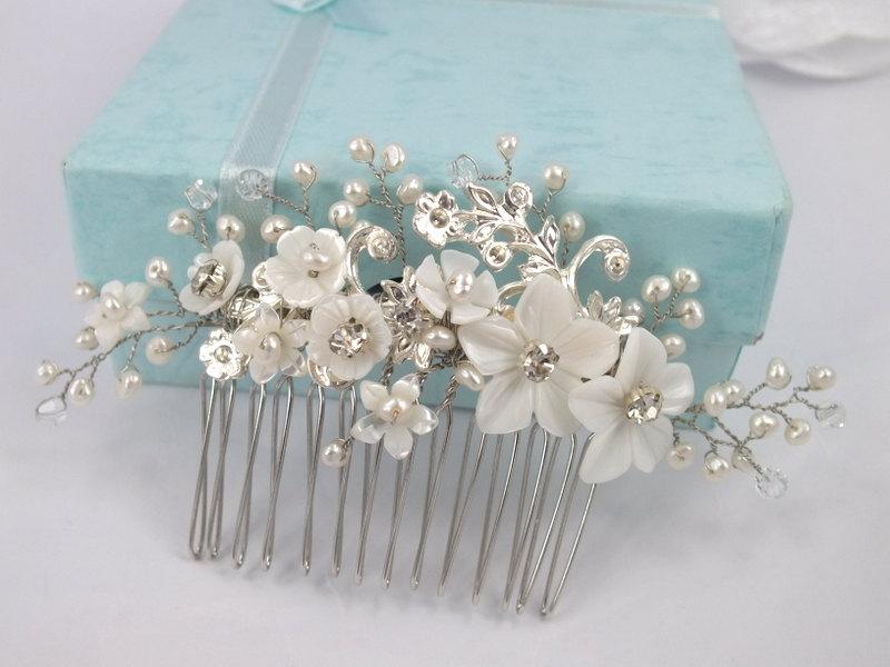 زفاف - Pearl Dream-Vintage Style Mother Pearl Flower,Freshwater Peral  and Swarovski Crystal Bridal Comb
