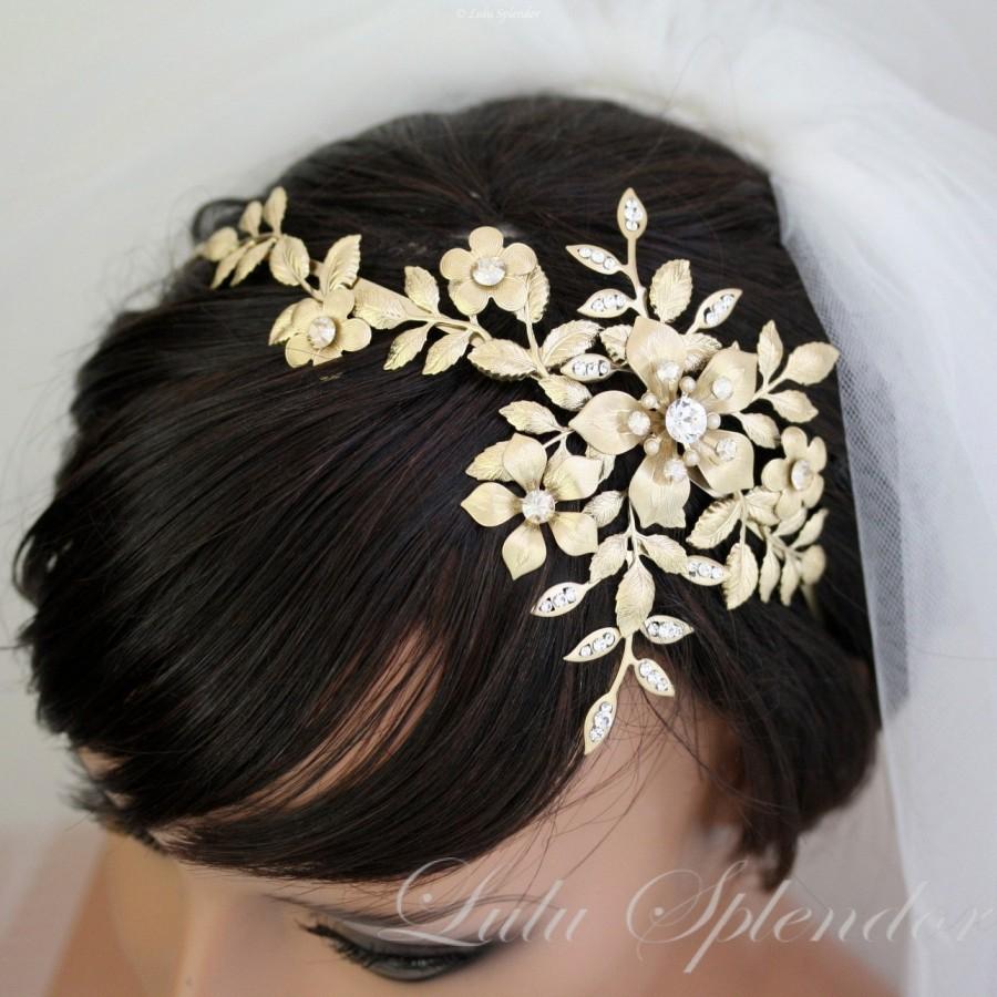 Mariage - Wedding Headband Bridal Side Tiara Gold Swarovski Crystals Pearls Golden Shadow Flower Headpiece Leaf Hair Accessory  SAMANTHA