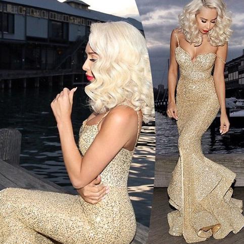 زفاف - Charming Mermaid Split Gold Spaghetti Straps Prom Dress from Tidetell