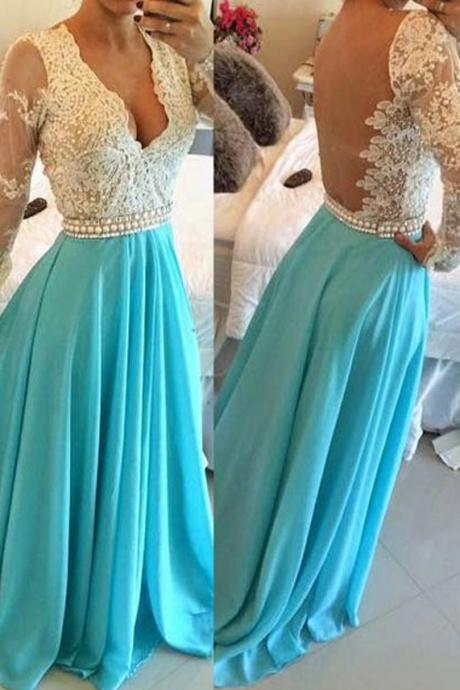 Свадьба - V-neck Chiffon Blue Backless Prom/Evening Dress With Long Sleeves from Tidetell
