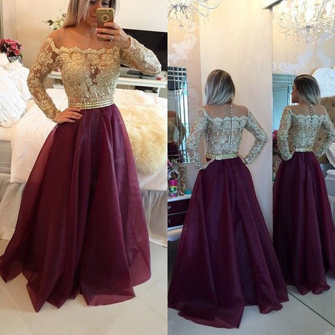 Wedding - Illusion Scoop Long Sleeves Burgundy Prom/Evening Dress With Appliques Buttons from Tidetell