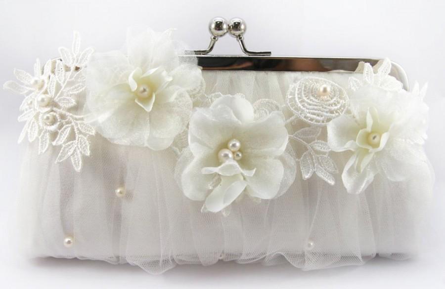 Wedding - Bridal Clutch with Alencon French Lace Organza Flower and Freshwater pearls in Ivory 8-inch LAFORET ANGEE W.