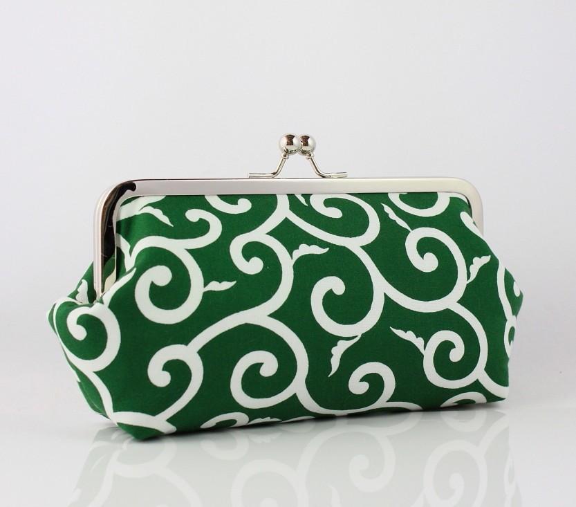 Wedding - Green & White Modern Floral Pattern - 8 inch Large Silver Frame Clutch - the Emma Style Clutch
