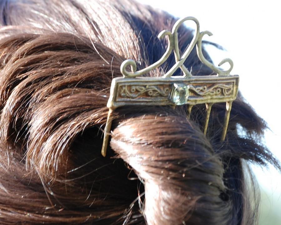 Mariage - Wedding hair jewelry - Renaissance hair piece - Silver Bronze prasiolite - Artisan hair adorment - One of a kind