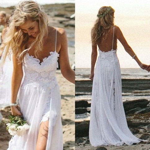 Свадьба - New Arrival Charming Spaghetti Straps Long Beach Wedding Dress with Appliques Lace from Dressywomen