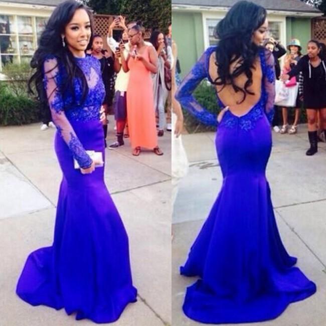 Wedding - Sexy Prom Dress -Royal Blue Mermaid Scoop Long Sleeves with Appliques