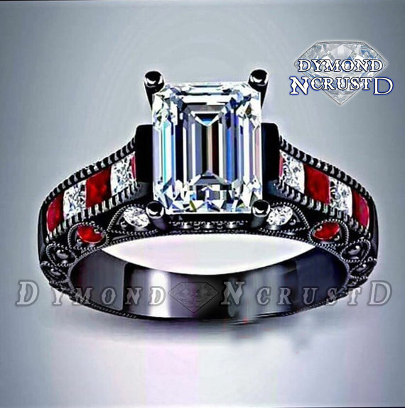 Hochzeit - Harley Quinn Inspired Ruby & White Diamond on Black Rhodium or Solid Black Gold Engagement Ring