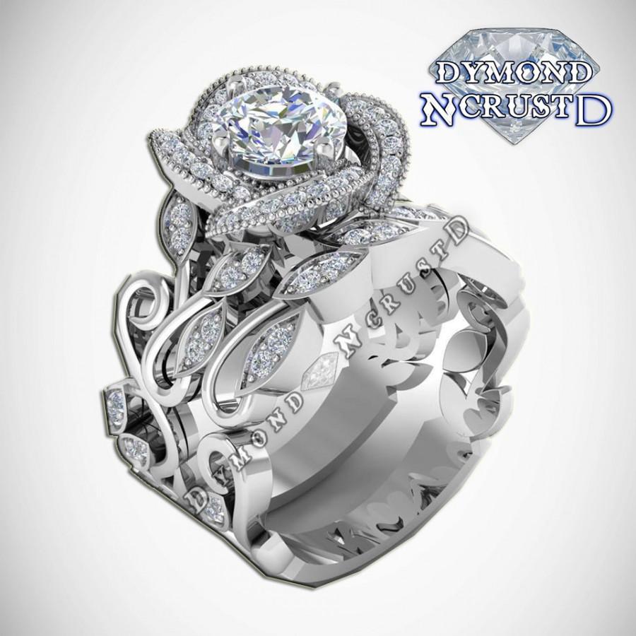 Wedding - Princess Belle Inspired Swirl Rose Swarovski Sterling Silver or White Gold Engagement Ring Set