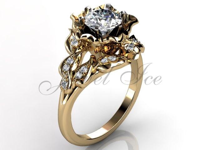 زفاف - Flower Engagement Ring - 14k Yellow Gold Diamond Flower Bouquet Unique Floral Engagement Ring Wedding Ring ER-1058-2