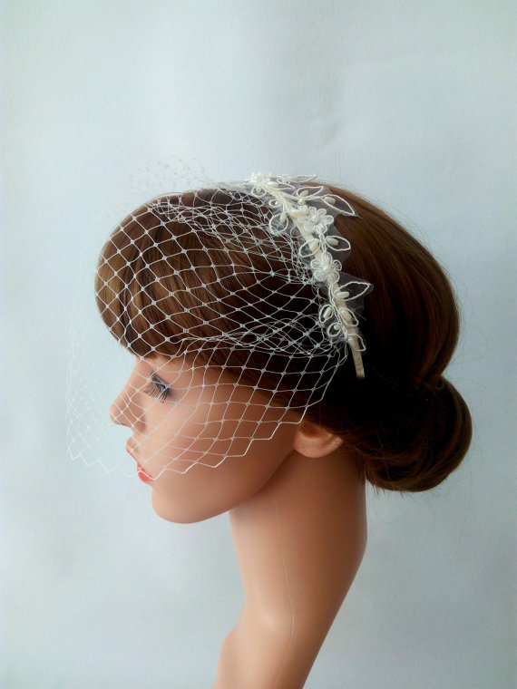 Wedding - Lace Birdcage Veil Headband, Blusher Veil with Pearl Beaded Lace Headband, Ivory Birdcage Veil