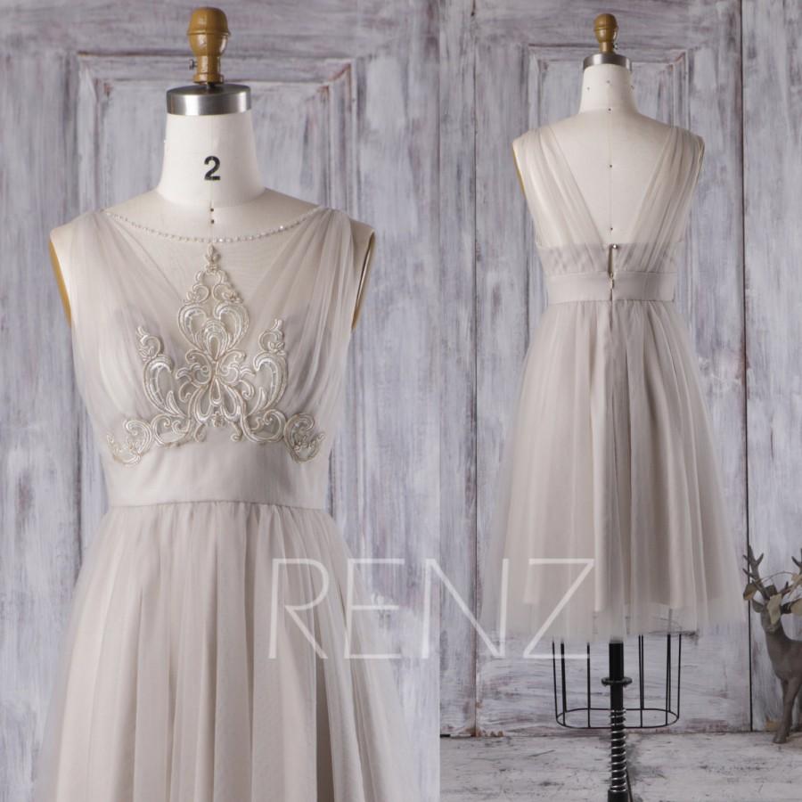 Mariage - 2016 Light Gray Mesh Bridesmaid Dress with Lace, A Line Wedding Dress, Beading Illusion Neck Cocktail Dress, Prom Dress Tea Length (HS259)