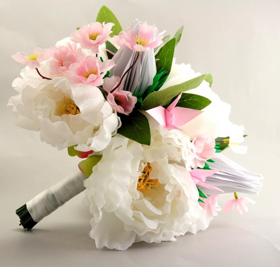 Hochzeit - Bridal Bouquet, Peony, Cherry Blossom, and Origami Crane Roses White and Pink Wedding Alternative Flower Bouquet, Silk and Paper