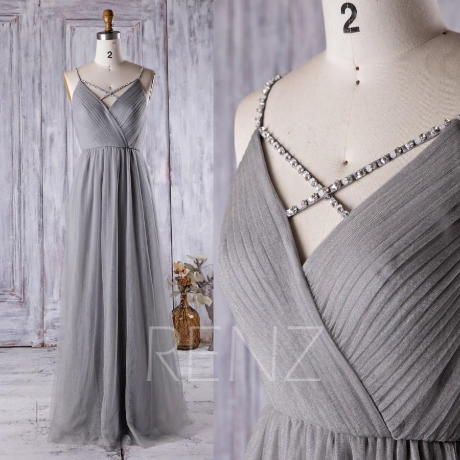 Mariage - 2016 Light Gray Bridesmaid dress, V Neck Beading Spaghetti Straps Wedding Dress, A Line Ruched Prom Dress, Evening Gown Floor Length (LS166)