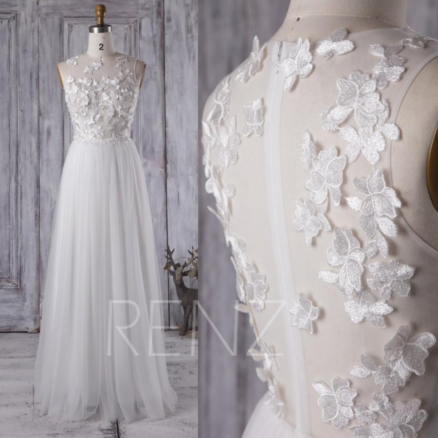 زفاف - 2016 Off White Bridesmaid Dress with Flowers, Illusion Wedding Dress, Puffy A Line Evening Gown, Long Soft Tulle Prom Dress Floor  (LW159)