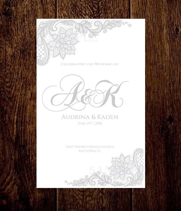 زفاف - Silver Wedding Program Template Folded Lace Monogram - Printable Instant Download You Edit Text - Suggested Free Fonts