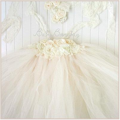 Wedding - Boho Flower girl dress ivory cream rose tutu party wedding birthday lace