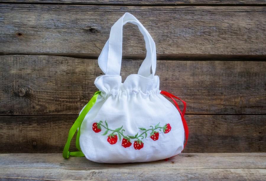 Wedding - Linen Girl Handbag, Embroidered Wedding Sachet, Small Handmade Strawberry Bag, White, Rustic Party Bag