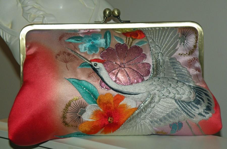 Свадьба - Silk Kimono Fabric Bag/Purse/Clutch..Embroidered..Flying Crane..Cherry Blossom..Large 10inch Frame..Bridal/Wedding Gift..OOAK