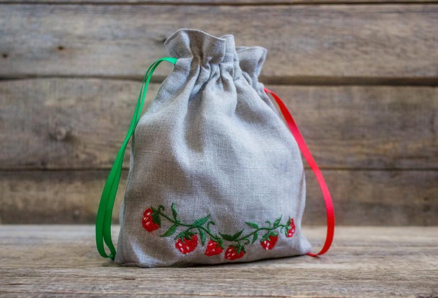 Wedding - Linen Girl Handbag, Embroidered Wedding Sachet, Small Handmade Strawberry Bag, Grey, Rustic Party Bag