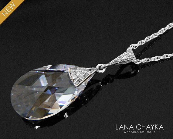 Wedding - Crystal Teardrop Silver Necklace Swarovski 22mm Clear Crystal Necklace Wedding Crystal Jewelry Bridal Crystal Necklace Clear Crystal Pendant