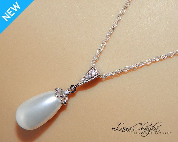 Mariage - Bridal White Teardrop Pearl Necklace Swarovski White Pearl 925 Sterling Silver CZ Wedding Necklace Bridal Pearl Jewelry FREE US Shipping