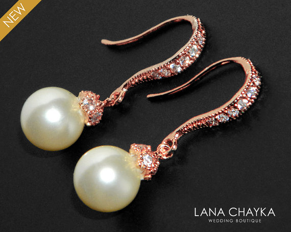 زفاف - Ivory Pearl Rose Gold Earrings Swarovski 8mm Pearl CZ Earrings Bridal Pearl Drop Earrings Wedding Rose Gold Small Earrings Bridesmaids