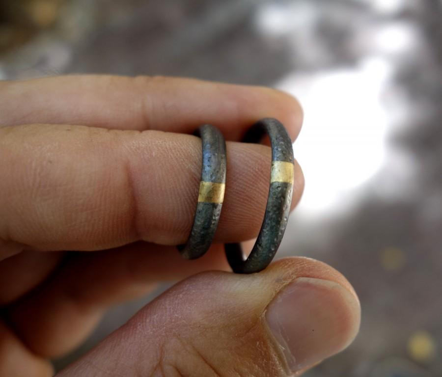 زفاف - His and hers Unique Wedding Rings Oxidized Silver with Gold Mixed Metals Wedding Ring Set Handmade Oxidized Silver Matching Wedding Rings