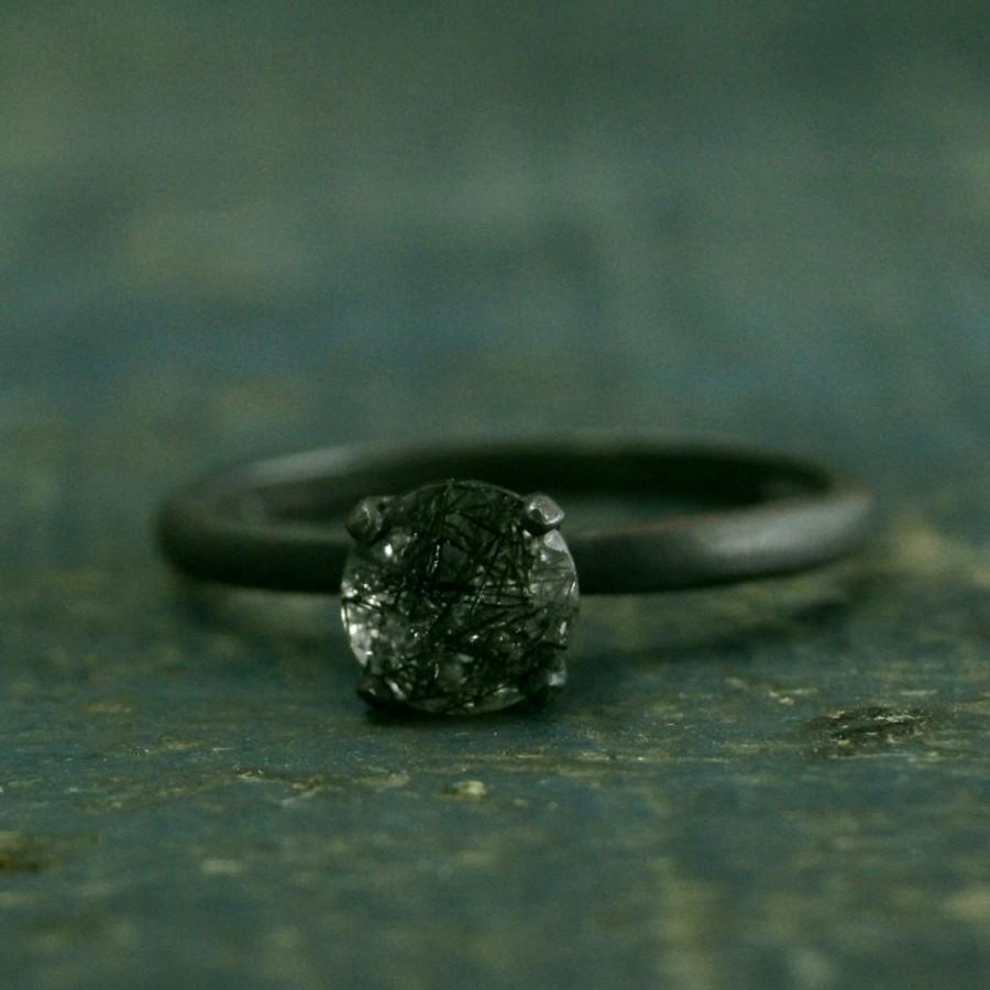 Hochzeit - Flat Black Engagement Ring--Oxidized Black Ring--Rutilated Quartz Engagement Ring--Black Stone Ring--Dark Stone Engagement--Simple Black