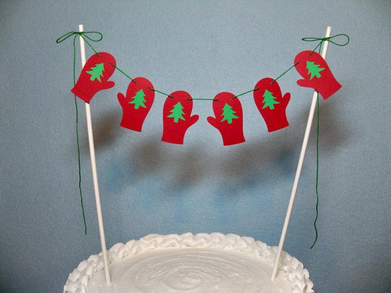 Wedding - Christmas Cake Topper Banner, Holiday garland, Mittens, Red and Green Decor, Tree, Winter