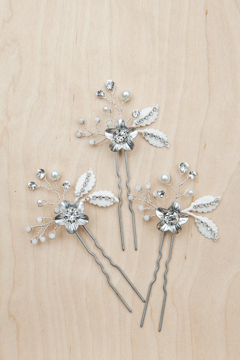 Wedding - Floral bridal hair pins, silver hair pins, crystal bridal hair pins, bridal bobby pins, bridal headpiece, wedding pins, crystal bobby pins