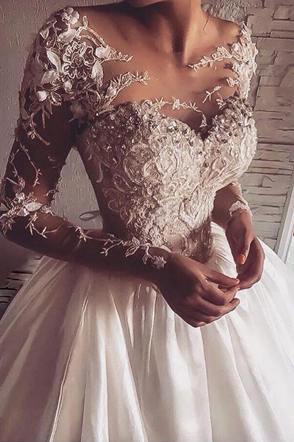 Wedding - Goegeous Illusion Jewel Neck Long Sleeves Sweep Train Wedding Dress with Appliques Illusion Back
