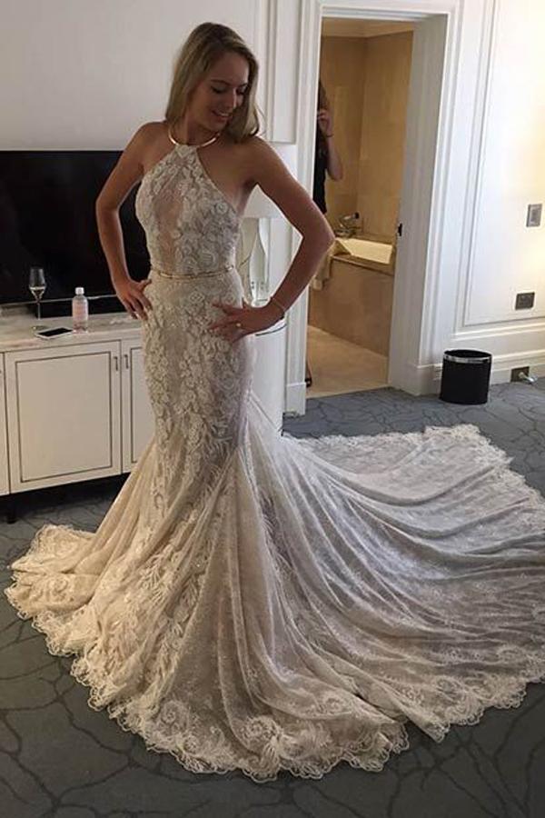 Wedding - Stylish Halter Mermaid Sleeveless Sweep Train Lace Wedding Dress with Sash