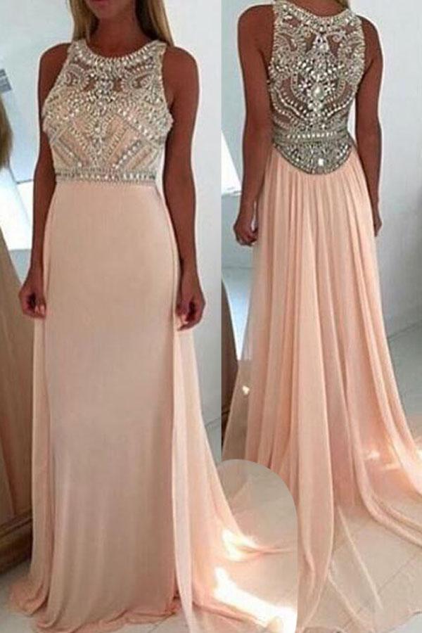Hochzeit - High Quality Jewel Sleeveless Sweep Train Pink Prom Dress with Beading