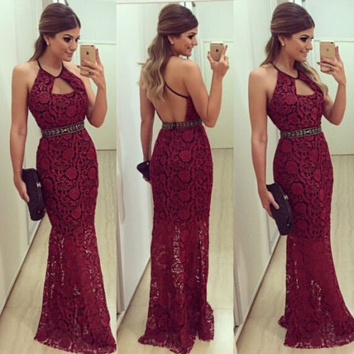 Mariage - Sexy Halter Sheath Lace Backless Long Dark Red Prom/Evening Dress