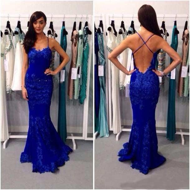 Mariage - Mermaid Spaghetti Straps Floor Length Lace Royal Blue Prom Dress With Appliques