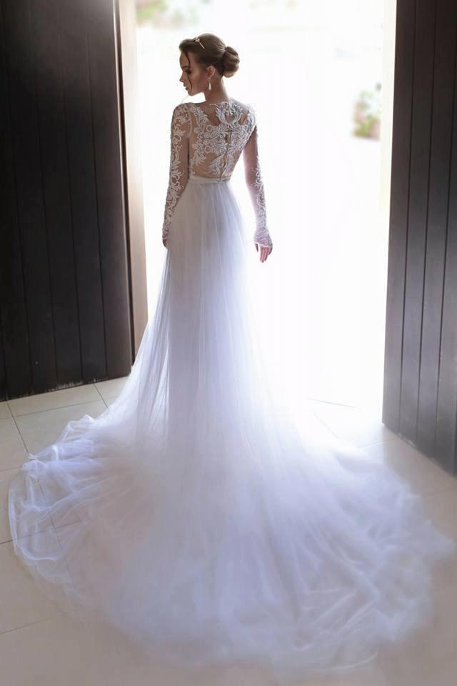 زفاف - White wedding dress,dress Long sleeves,lace wedding dress,wedding gown,Ivory wedding dress,Chiffon wedding dress ,Trail Wedding dress