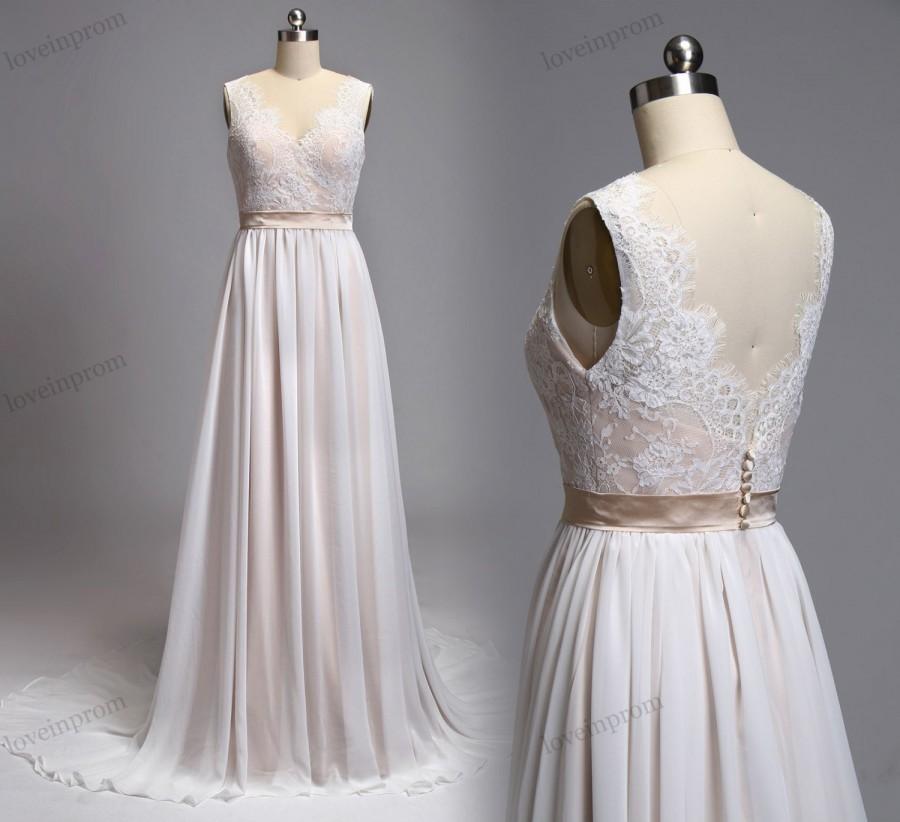 Свадьба - Backless V Open Lace Wedding Dress Handmade Chiffon Formal Long Wedding Gown/Champagne Bridal Dress, Summer Beach Dresses For Wedding