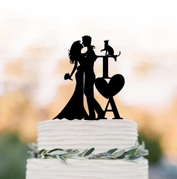 Wedding - initial Wedding Cake topper with cat bride and groom silhouette, personalized wedding cake topper letters, unique cake topper with heart