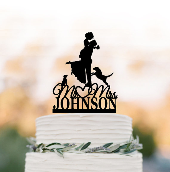 Свадьба - Custom Wedding Cake topper with two dog, bride and groom silhouette, personalized wedding cake topper letters, unique dog cake topper