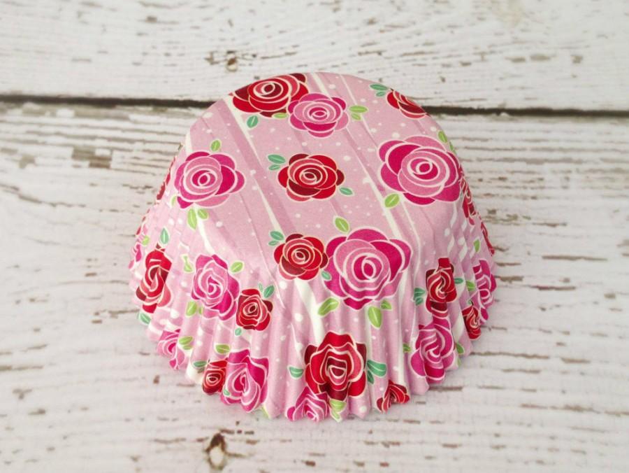 Wedding - Romantic Red and Pink Rose Floral Cupcake Liners (50)