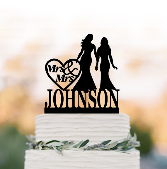 Hochzeit - lesbian Wedding Cake topper Mrs and Mrs, same sex personalized wedding cake topper funny, unique wedding cake topper silhouette