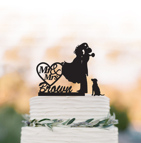 Wedding - Mr And Mrs Wedding Cake topper with dog, groom kissing bride with personalized name cake topper. unique wedding cake topper, topper wit pet